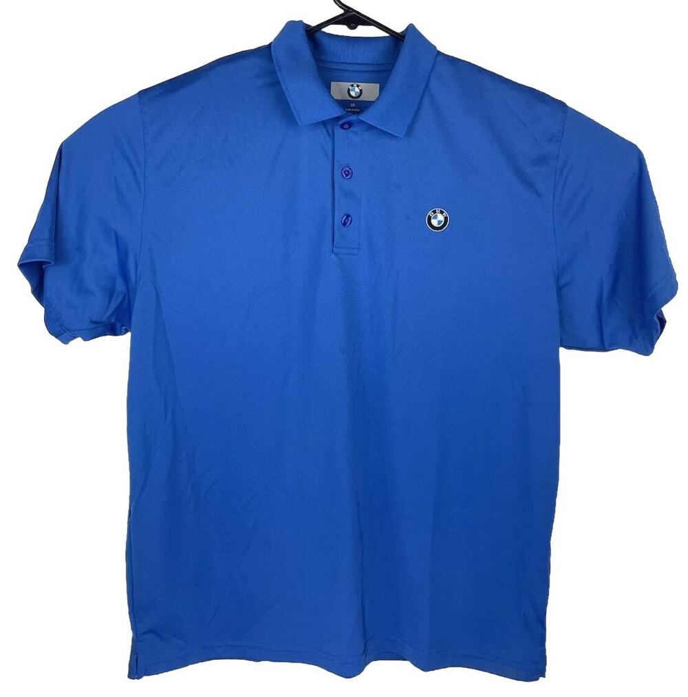 BMW Official Mens Polo Shirt Large L Blue Short Sleeve Graphic Golf Tee Uniform